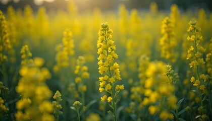 Obraz premium Close-up of blooming yellow mustard flowers in spring field, Basant season concept, soft natural light, shallow depth of field, ultra-realistic nature photography, high detail