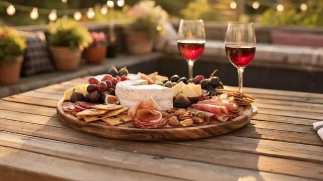 Medium shot of an artfully arranged charcuterie and cheese board paired with red wine glasses on a rustic outdoor patio highlighting a relaxed al fresco dining experience.