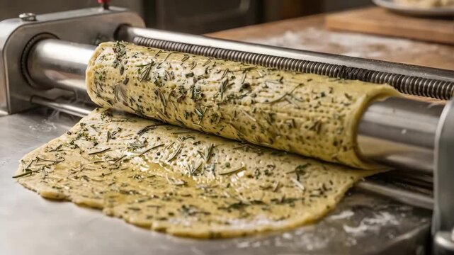 Medium shot focusing on herbed cracker dough as it moves through the sheet and dock process highlighting fragrant herb mix and precise layering.