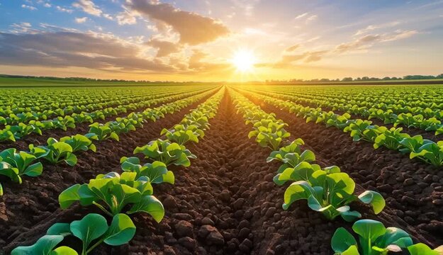 Rows of green sugar beet plants in agricultural field, perfect parallel furrows extending to horizon, young leafy vegetables in dark rich soil