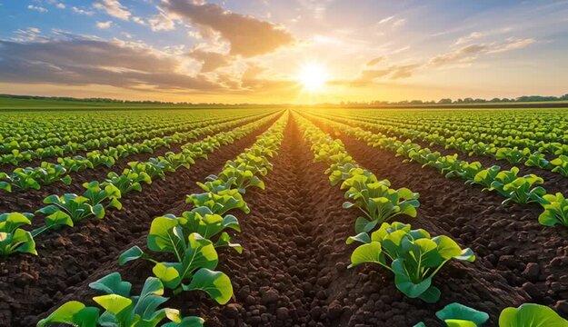 Rows of green sugar beet plants in agricultural field, perfect parallel furrows extending to horizon, young leafy vegetables in dark rich soil