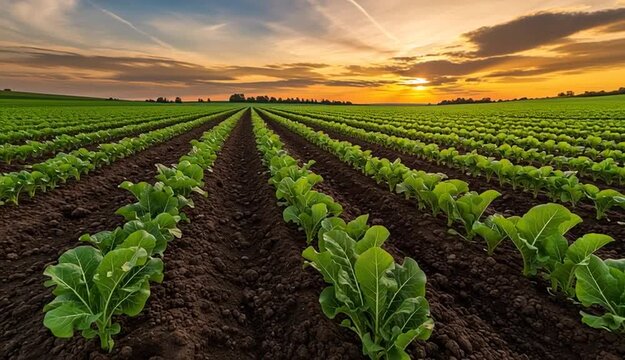 Rows of green sugar beet plants in agricultural field, perfect parallel furrows extending to horizon, young leafy vegetables in dark rich soil