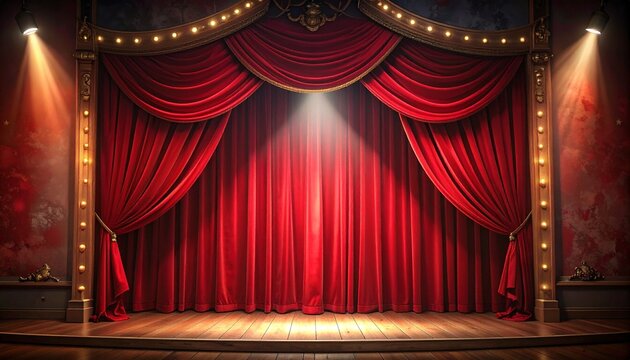 A theatrical stage with red velvet curtains, spotlights, and a wooden floor, ready for performance
