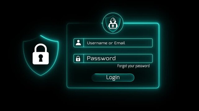 User typing login and password at home, secure access to the personal information and big data. cyber security, the digital crime concept, 3D secure login motion graphics