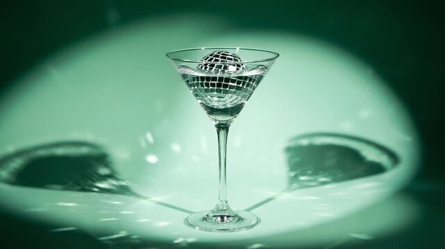 Disco ball in martini glass with sparkling light effect on mint color background. Party drink concept with reflective sphere for New Year's, birthdays, bachelor and bachelorette parties.