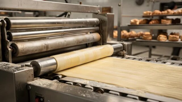 Medium shot focusing on pastry dough being smoothly laminated and rolled by industrial machines preparing delicate layers for assorted baked goods.