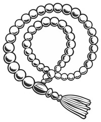 Obraz premium Black and white illustration of prayer beads with tassel, isolated on white.