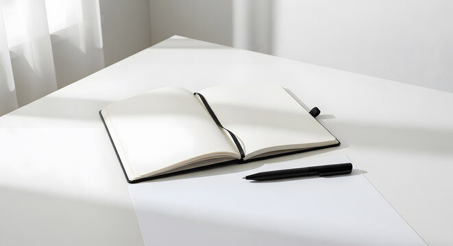 Blank open notebook and pen on a bright white table, ready for ideas, writing, or planning in a minimalist setting