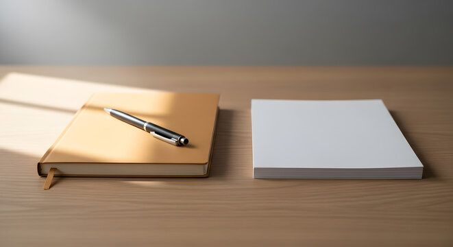 Notebook, Pen, and Stack of Paper on Wooden Desk with Sunlight - Minimalist Workspace