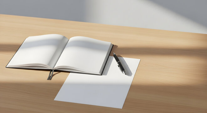 Minimalist workspace: Open blank notebook, pen, and paper on a wooden desk with sunlight and shadows.