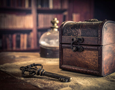 Explore hidden secrets with this antique wooden chest and ornate skeleton key in a dusty, historic library. Ideal for themes of mystery, knowledge, and discovery in creative projects.