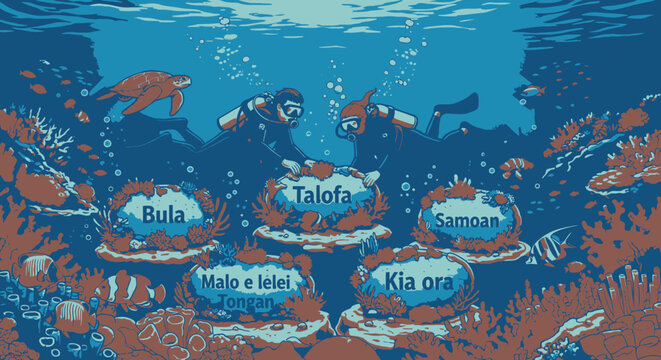 Greetings from various cultures underwater scene.