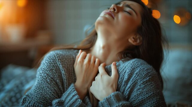 Young Indian Woman in Grey Sweater Holding Her Chest and Throat in Severe Discomfort and Pain