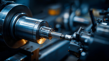 Naklejka premium Macro detail of precision turning operation on metal lathe, machinery workshop, dramatic sidelight, cinematic style, metal turning machining, precision parts manufacturing