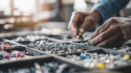 Fototapeta premium Close-up of worker hands sorting plastic and rubber components, assembly workstation, macro detail shot, soft natural light, industrial style, component sorting assembly, plastic rubber materials