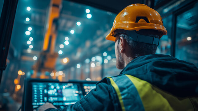 Middle-aged worker in PPE operating crane controls at loading dock, industrial facility, over-shoulder view, cool corporate lighting, documentary style, crane operation control, PPE safety compliance
