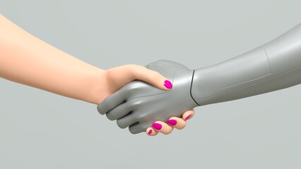 une main de femme serre la main d'un robot - rendu 3D © Fox_Dsign