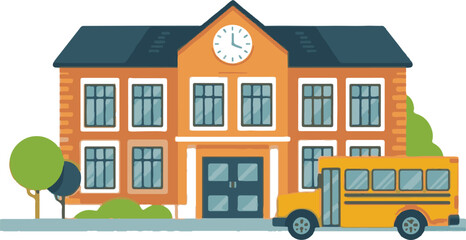 Naklejka premium Elementary School Building with School Bus and Cityscape silhouette.Cute School Building Vector.