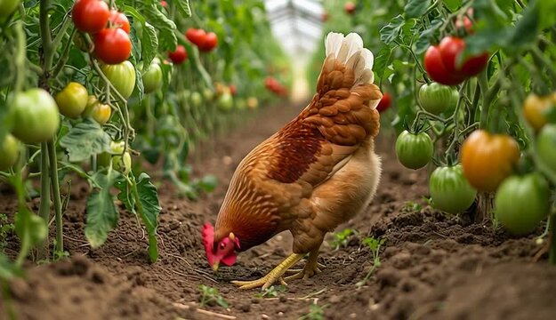 Orange-brown hen pecking at ground in greenhouse tomato garden, chicken foraging between rows of tomato plants, red and green tomatoes hanging on vines on both sides
