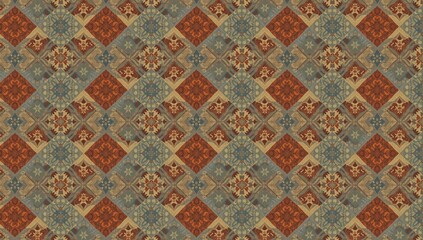An intricate patterned textile design featuring a mix of geometric shapes in earthy tones of red, blue, and beige