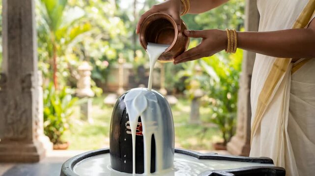  Close-up of sacred abhishekam ritual with hands pour milk and honey from a copper vessel onto a Shiva Lingam with bilva leaves. Traditional Hindu worship for Maha Shivaratri and Shravan celebration.