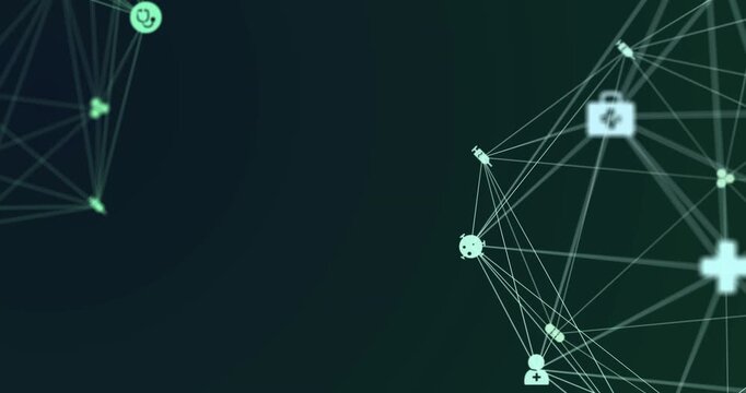 Animation of network of connections with icons over dark background
