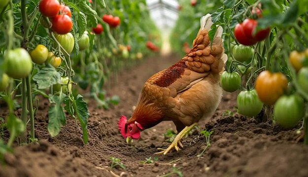 Orange-brown hen pecking at ground in greenhouse tomato garden, chicken foraging between rows of tomato plants, red and green tomatoes hanging on vines on both sides

