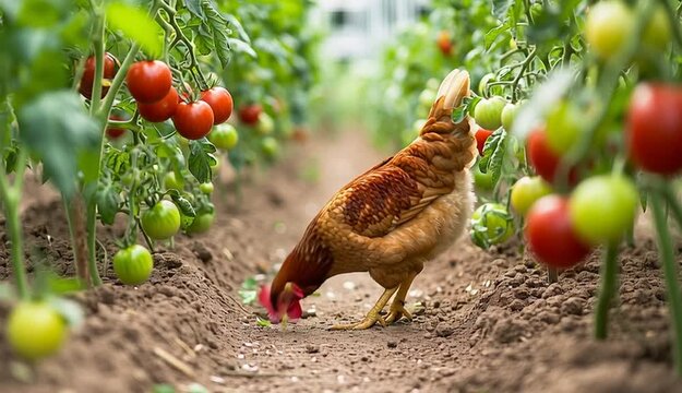 Orange-brown hen pecking at ground in greenhouse tomato garden, chicken foraging between rows of tomato plants, red and green tomatoes hanging on vines on both sides

