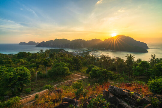 sunset on tropical island ko phi phi in thailand