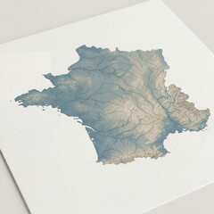 Map design showing terrain and river patterns of a region, created with digital art techniques for commercial purposes