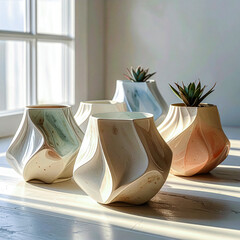 Soft 3D illustration of modern wavy ceramic planters with succulents in bright window light