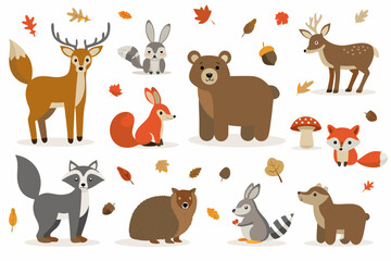 Cartoon illustration of forest animals and falling autumn leaves