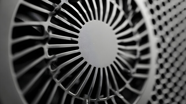 Close up fan array soft dust haze ultra cf d modern circular vent grille close up with radial blades and subtle dust texture conveying gentle