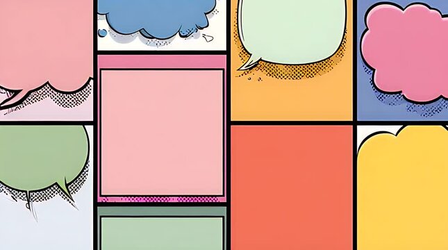 A vibrant and playful image of comic book speech bubbles in a grid layout. Perfect for illustrating dialogue, communication, or creative concepts with