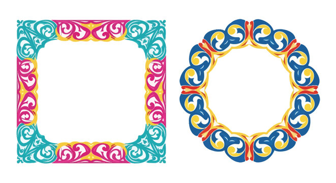 Decorative floral frame and circular border in vibrant colors