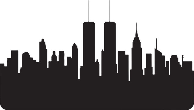 City skyline silhouettes in black.