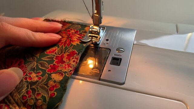 Sewing zigzag on sewing machine on pretty patterned fabric