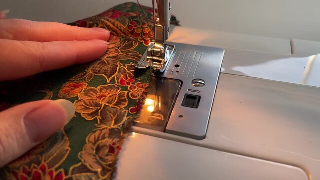 Sewing zigzag stitches on fabric with sewing machine 