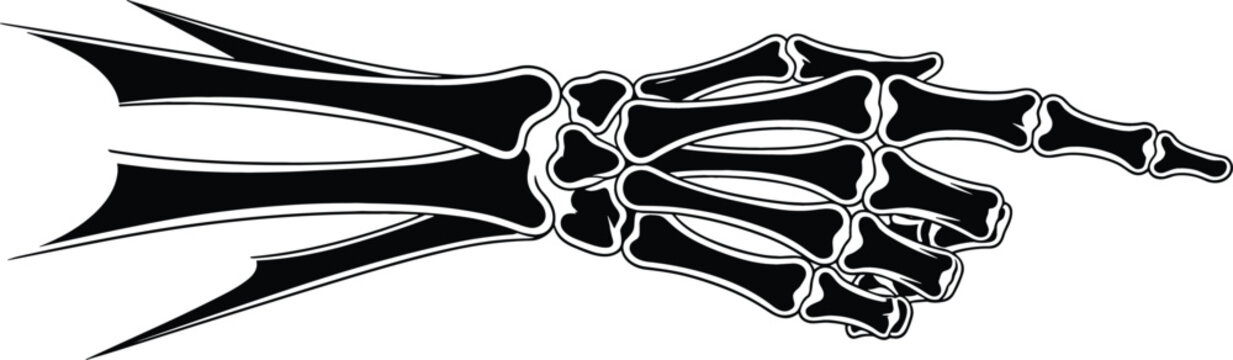 Edgy black and white skeleton hand pointing gesture illustration for gothic streetwear tattoo art and alternative branding vector