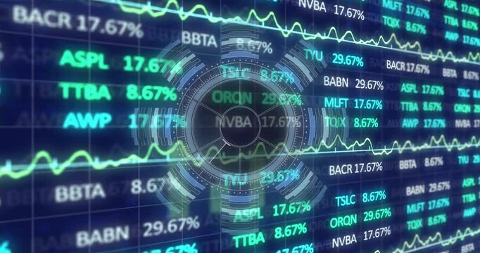 Animation of radar over financial data and graphs on navy background