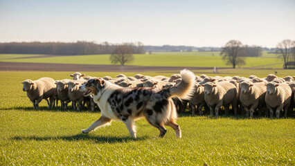 Fototapeta premium Australian Shepherd Herding Sheep in Green Field