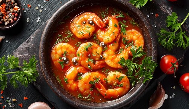 Cooked shrimp in tomato sauce served in dark rustic bowl, garnished with fresh parsley, cherry tomatoes, garlic cloves scattered on dark blue-gray slate surface