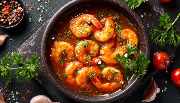 Cooked shrimp in tomato sauce served in dark rustic bowl, garnished with fresh parsley, cherry tomatoes, garlic cloves scattered on dark blue-gray slate surface