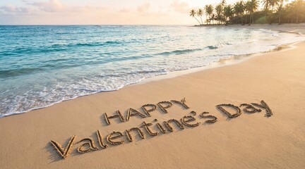 happy valentine's day beach written on the sand