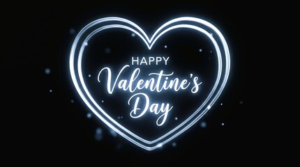 Happy Valentine&rsquo;s Day Glowing Neon Heart Greeting on Black Background with Shimmering Sparkles and Elegant Typography