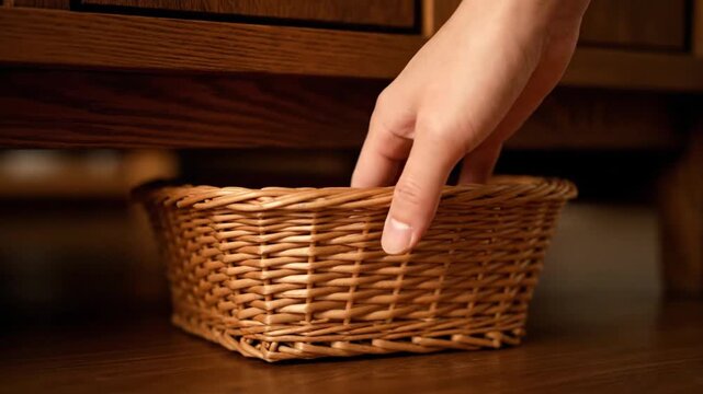 A hand places a small empty wicker basket on a wooden surface under a cabinet showcasing organization and storage.