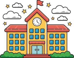 Cartoon school building illustration, cute educational institution clipart. School Building Illustration with Clouds and Stars. © Nusrat