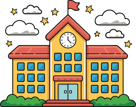 Cartoon school building illustration, cute educational institution clipart. School Building Illustration with Clouds and Stars.