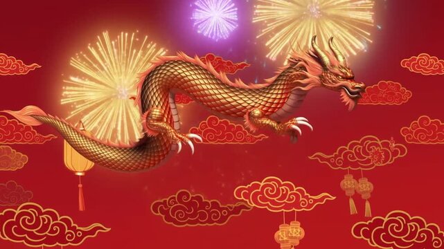 Vibrant Chinese dragon celebration with fireworks and lanterns. Golden Chinese Dragon Flying with Fireworks and Stylized Clouds. Chinese New Year. Lunar New Year