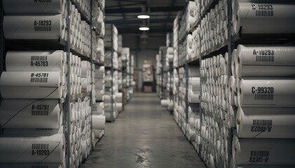 Obraz premium Medium shot of dimly lit warehouse aisle showcasing neatly stacked jumbo rolls with clear barcode labels emphasizing industrial storage organization under low light conditions.